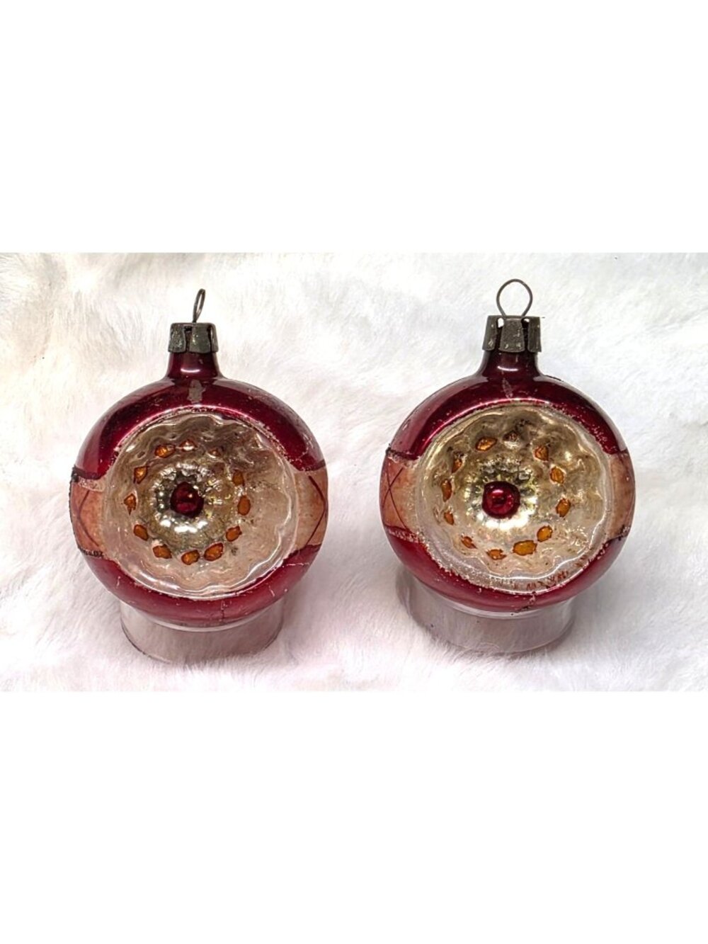 Vintage Red Mercury Glass Indented Reflector Christmas Ornaments Set of 2
